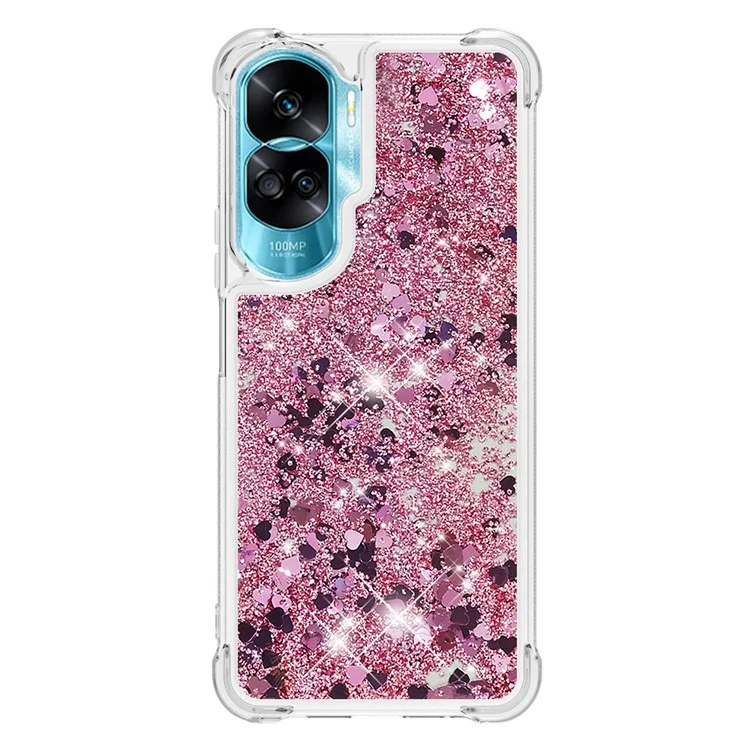 YB Quicksand Series-1 Glitter Phone Case per Honor 90 Lite 5G, Custodia TPU Brillante in Movimento - Rosa Gold / Cuori