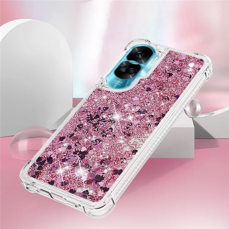 YB Quicksand Series-1 Glitter Phone Case per Honor 90 Lite 5G, Custodia TPU Brillante in Movimento - Rosa Gold / Cuori