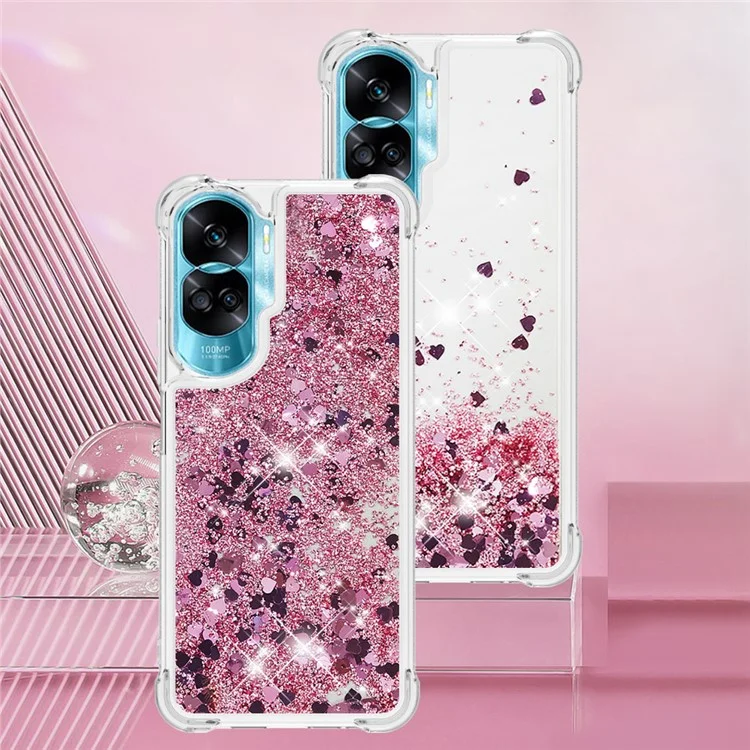 YB Quicksand Series-1 Glitter Phone Case per Honor 90 Lite 5G, Custodia TPU Brillante in Movimento - Rosa Gold / Cuori