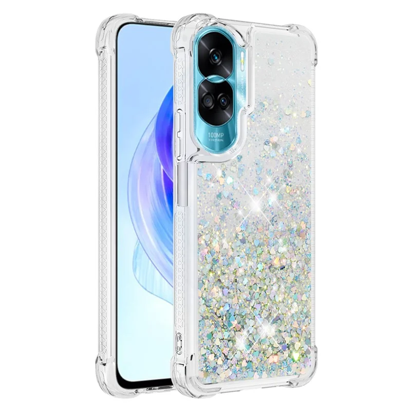 For Honor 90 Lite 5G TPU Case Glitter Quicksand Shockproof Phone Back Cover - Silver / Hearts