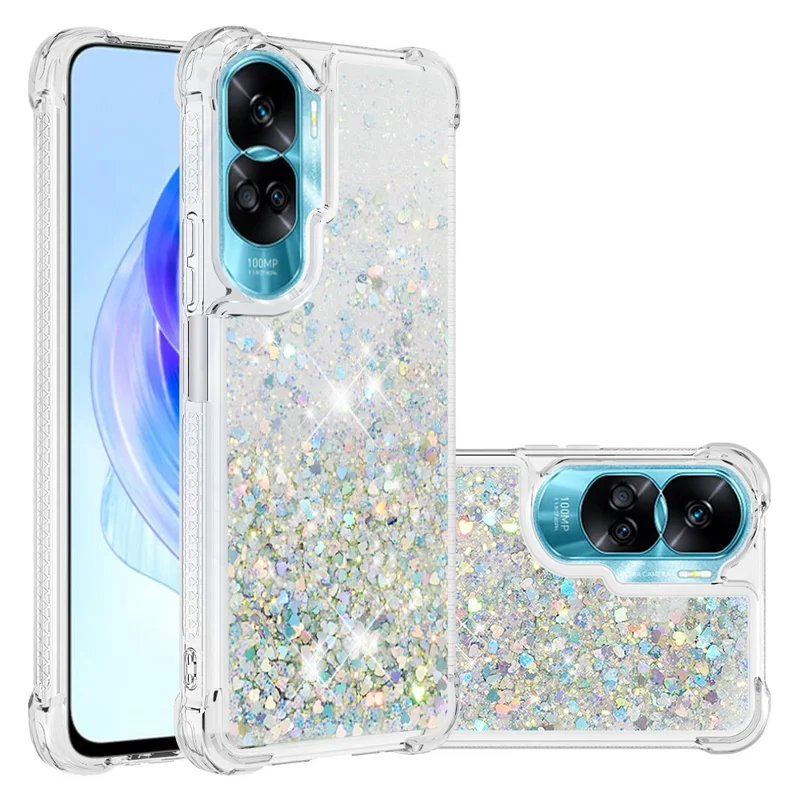 For Honor 90 Lite 5G TPU Case Glitter Quicksand Shockproof Phone Back Cover - Silver / Hearts