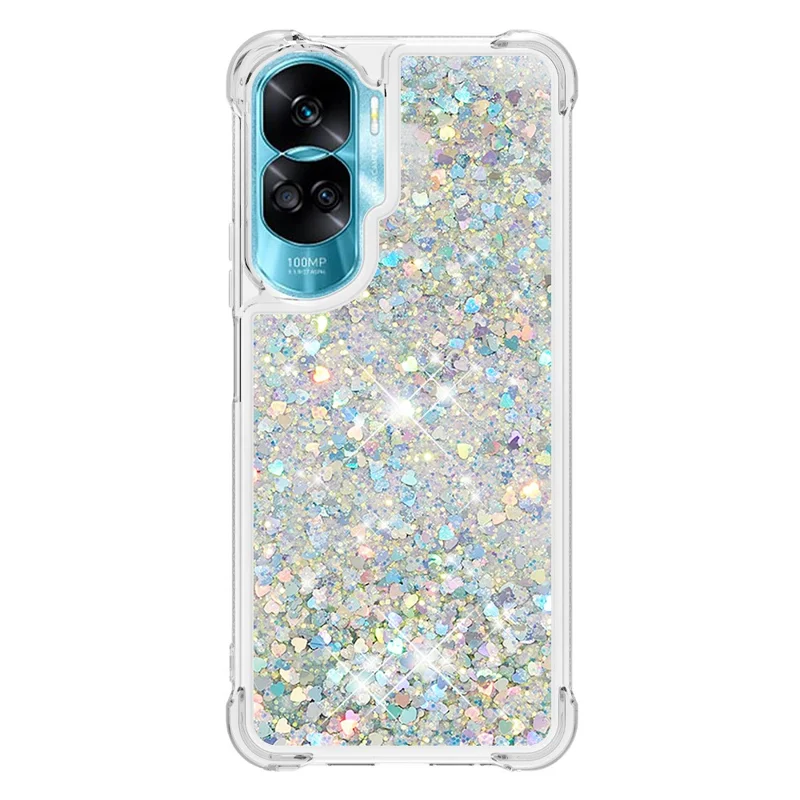 For Honor 90 Lite 5G TPU Case Glitter Quicksand Shockproof Phone Back Cover - Silver / Hearts