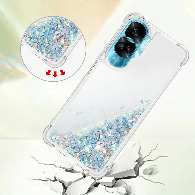 For Honor 90 Lite 5G TPU Case Glitter Quicksand Shockproof Phone Back Cover - Silver / Hearts