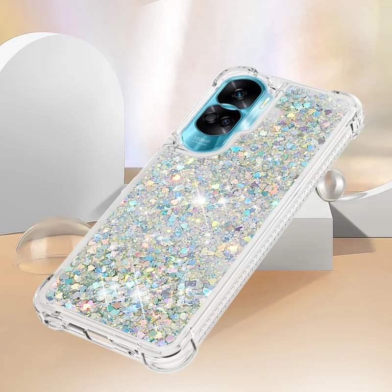 For Honor 90 Lite 5G TPU Case Glitter Quicksand Shockproof Phone Back Cover - Silver / Hearts