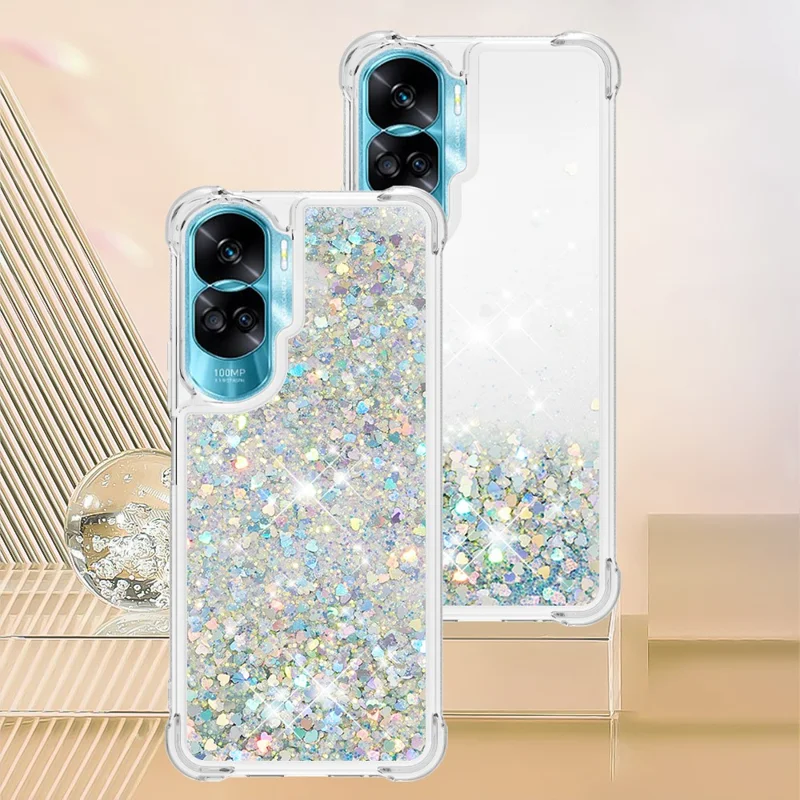 For Honor 90 Lite 5G TPU Case Glitter Quicksand Shockproof Phone Back Cover - Silver / Hearts
