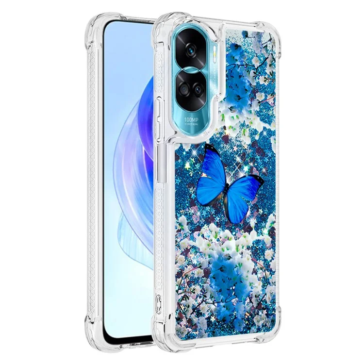 Série YB Quicksand-2 pour Honor 90 Lite 5G Étui à motif flottant et brillant en TPU avec impression - Papillon bleu
