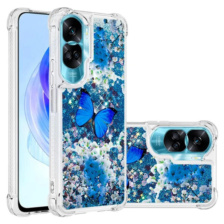Série YB Quicksand-2 pour Honor 90 Lite 5G Étui à motif flottant et brillant en TPU avec impression - Papillon bleu