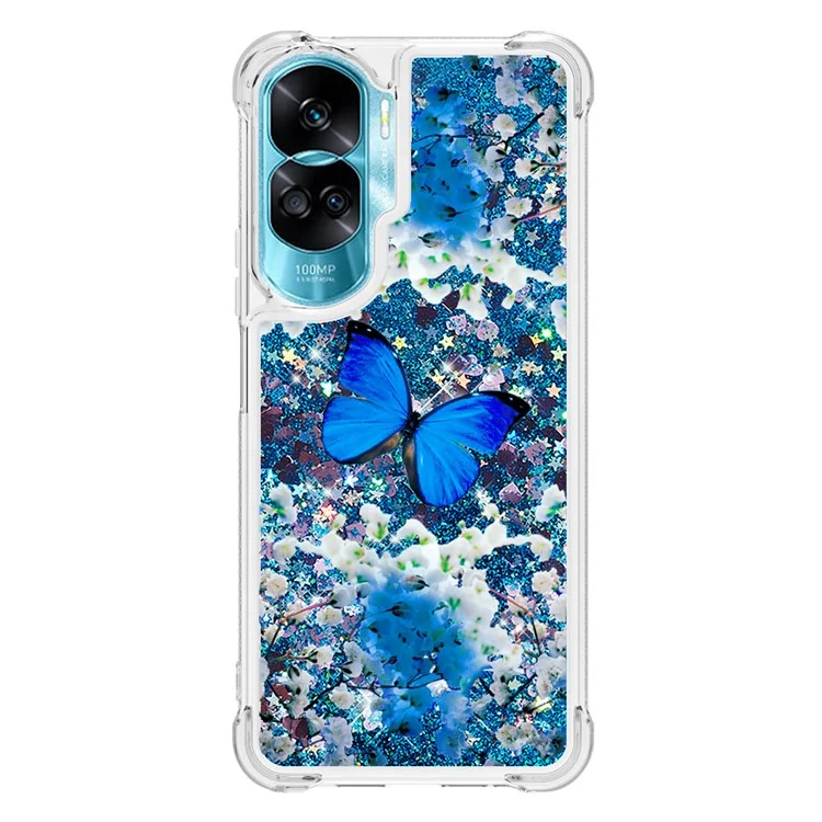 Série YB Quicksand-2 pour Honor 90 Lite 5G Étui à motif flottant et brillant en TPU avec impression - Papillon bleu