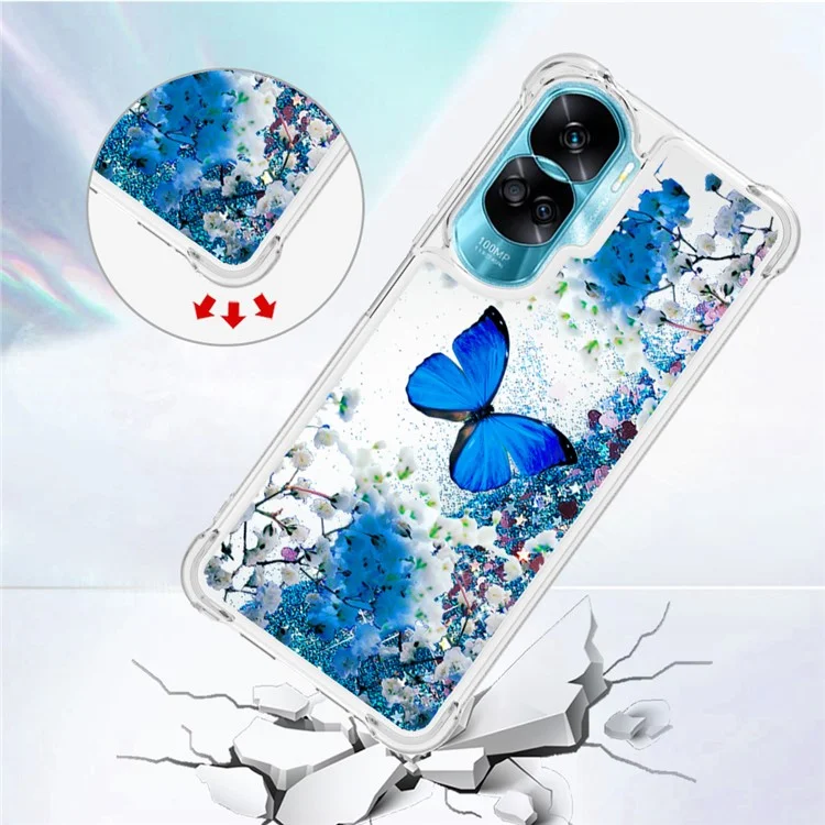 Série YB Quicksand-2 pour Honor 90 Lite 5G Étui à motif flottant et brillant en TPU avec impression - Papillon bleu