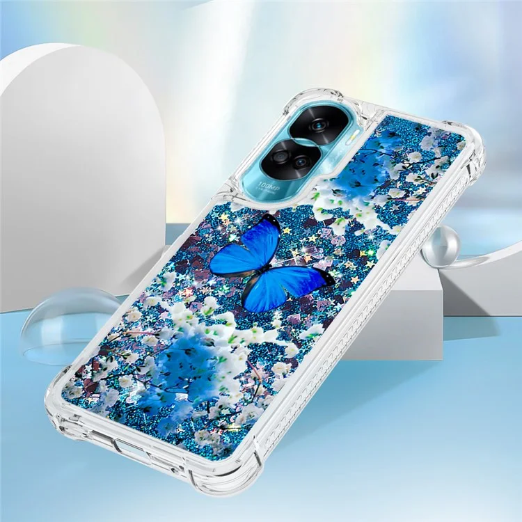Série YB Quicksand-2 pour Honor 90 Lite 5G Étui à motif flottant et brillant en TPU avec impression - Papillon bleu