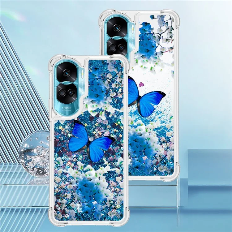 Série YB Quicksand-2 pour Honor 90 Lite 5G Étui à motif flottant et brillant en TPU avec impression - Papillon bleu