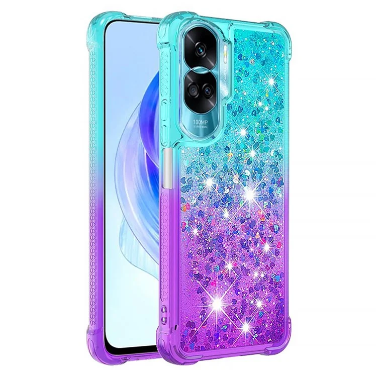 Серия YB Quicksand Series-3 Gradient Shockproof Cover для Honor 90 Lite 5G, TPU Moving Glitter Phone Case - Sky Blue+Purple