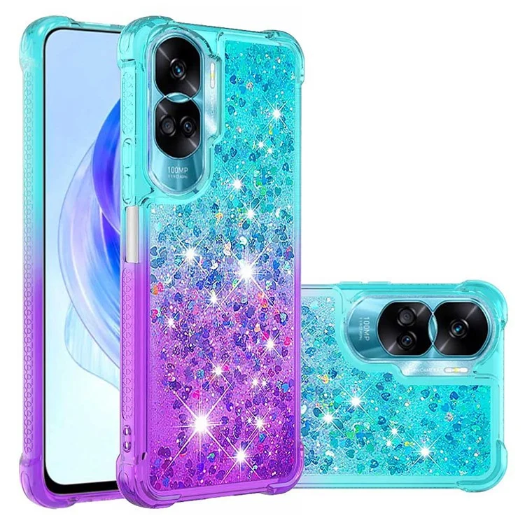 Серия YB Quicksand Series-3 Gradient Shockproof Cover для Honor 90 Lite 5G, TPU Moving Glitter Phone Case - Sky Blue+Purple