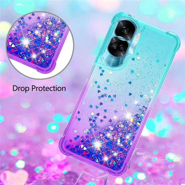 Серия YB Quicksand Series-3 Gradient Shockproof Cover для Honor 90 Lite 5G, TPU Moving Glitter Phone Case - Sky Blue+Purple
