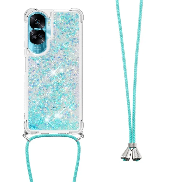 YB Quicksand Series-4 per Honor 90 Lite 5G Glitter Liquid Phone Case Protective Sparkle TPU Cover con Cordino - Blu / Pentagramma