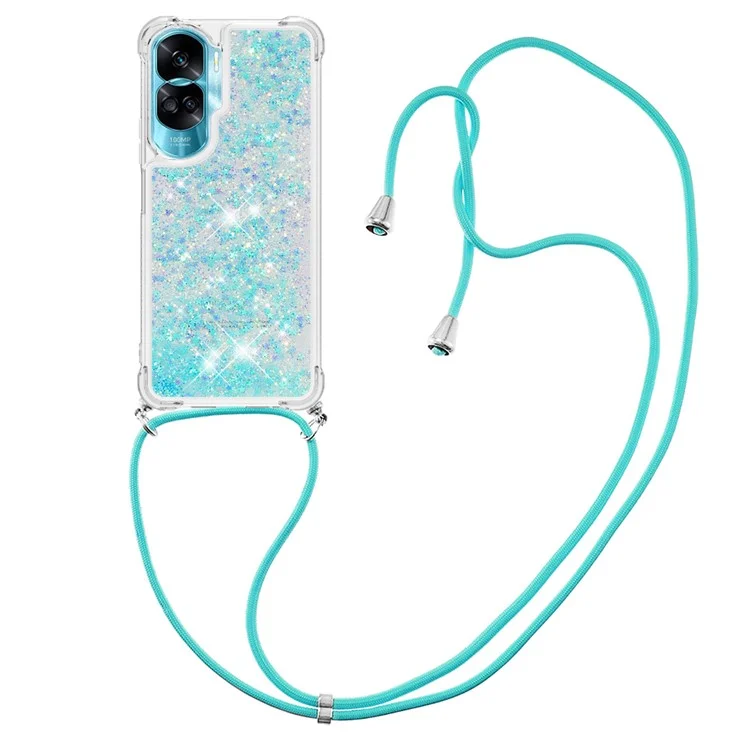 YB Quicksand Series-4 per Honor 90 Lite 5G Glitter Liquid Phone Case Protective Sparkle TPU Cover con Cordino - Blu / Pentagramma
