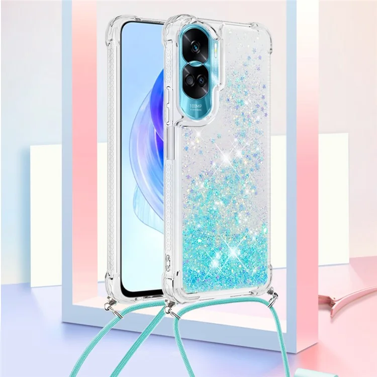 YB Quicksand Series-4 per Honor 90 Lite 5G Glitter Liquid Phone Case Protective Sparkle TPU Cover con Cordino - Blu / Pentagramma