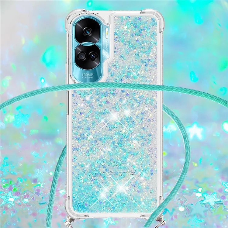 YB Quicksand Series-4 per Honor 90 Lite 5G Glitter Liquid Phone Case Protective Sparkle TPU Cover con Cordino - Blu / Pentagramma