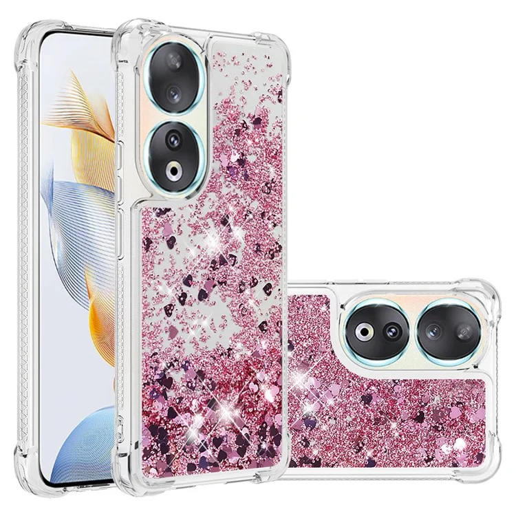 For Honor 90 TPU Case Glitter Quicksand Shockproof Phone Back Cover - Rose Gold /  Hearts