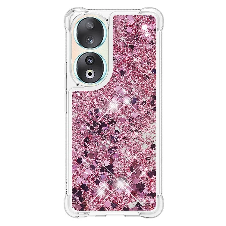 For Honor 90 TPU Case Glitter Quicksand Shockproof Phone Back Cover - Rose Gold /  Hearts