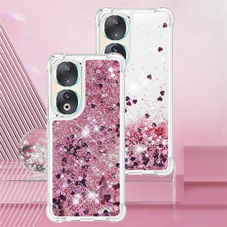 For Honor 90 TPU Case Glitter Quicksand Shockproof Phone Back Cover - Rose Gold /  Hearts