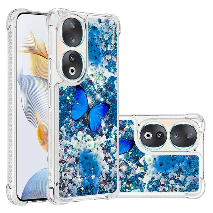 YB Quicksand Series-2 para Honor 90 Glitter Floating Liquid TPU Case Pattern Printing Protective Phone Cover - Mariposa Azul