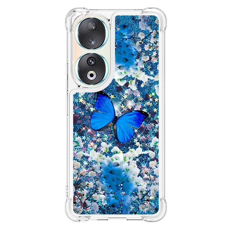 YB Quicksand Series-2 para Honor 90 Glitter Floating Liquid TPU Case Pattern Printing Protective Phone Cover - Mariposa Azul