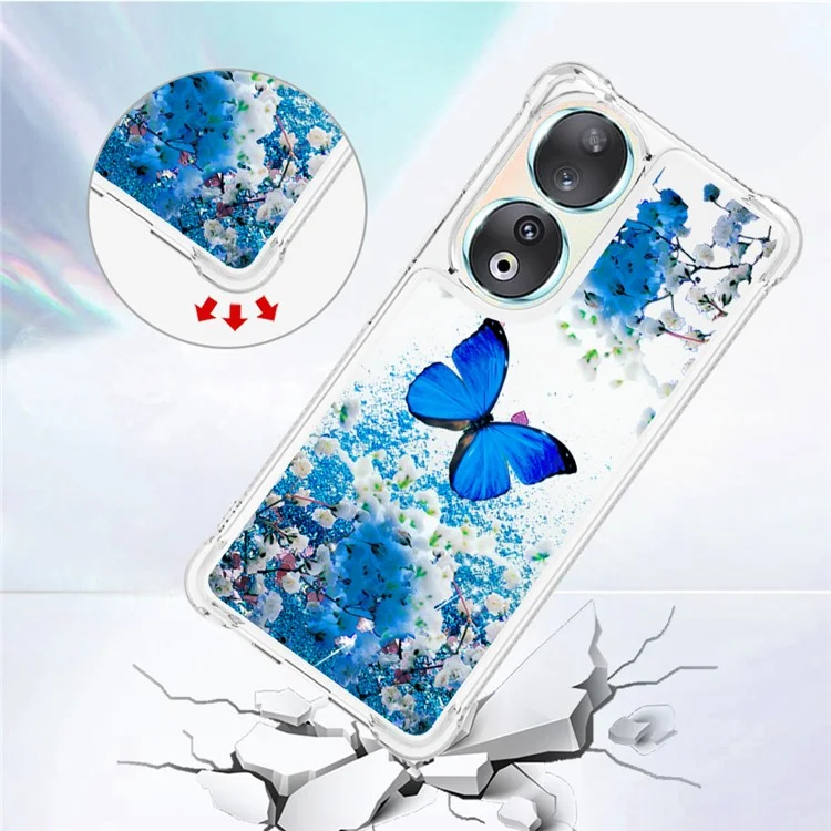 YB Quicksand Series-2 para Honor 90 Glitter Floating Liquid TPU Case Pattern Printing Protective Phone Cover - Mariposa Azul