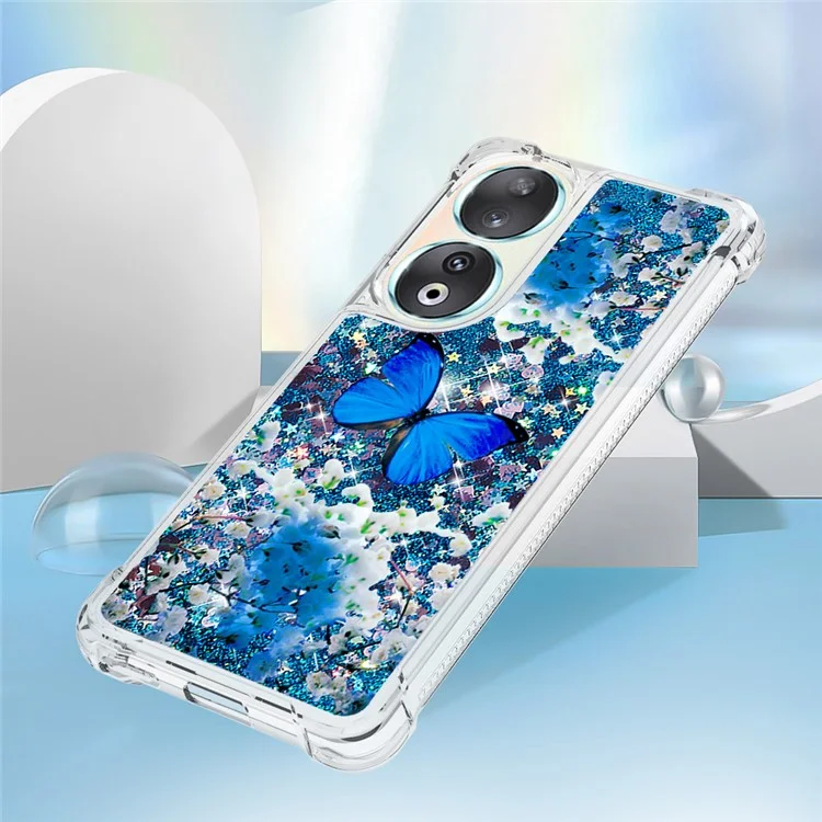 YB Quicksand Series-2 para Honor 90 Glitter Floating Liquid TPU Case Pattern Printing Protective Phone Cover - Mariposa Azul