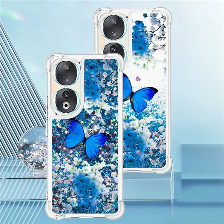 YB Quicksand Series-2 para Honor 90 Glitter Floating Liquid TPU Case Pattern Printing Protective Phone Cover - Mariposa Azul