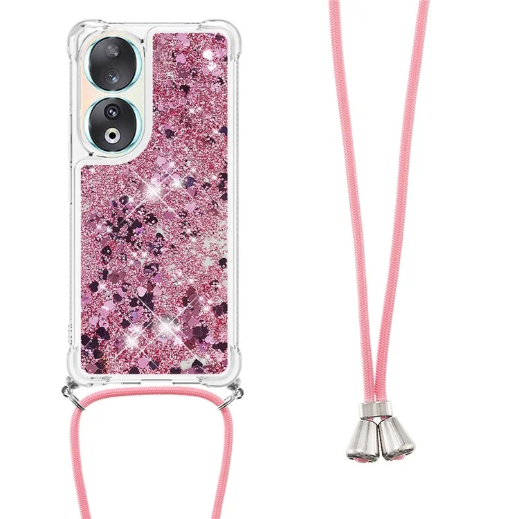 YB Quicksand Series-4 für Honor 90 Glitter Liquid Protective Case Sparkle TPU Phone Cover mit Lanyard - Rose Gold / Herzen