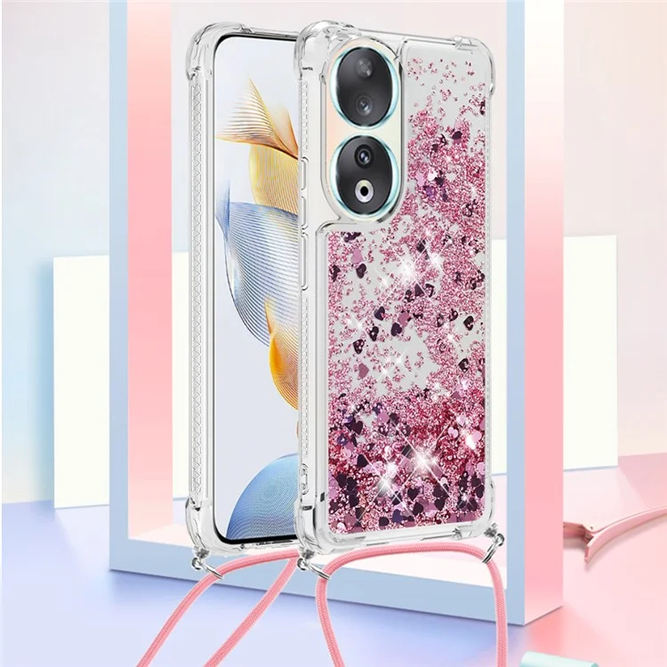 YB Quicksand Series-4 für Honor 90 Glitter Liquid Protective Case Sparkle TPU Phone Cover mit Lanyard - Rose Gold / Herzen