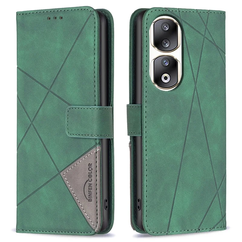BINFEN COLOR For Honor 90 Pro Phone Cases Wallet Stand Geometry Imprint Leather Cover - Green