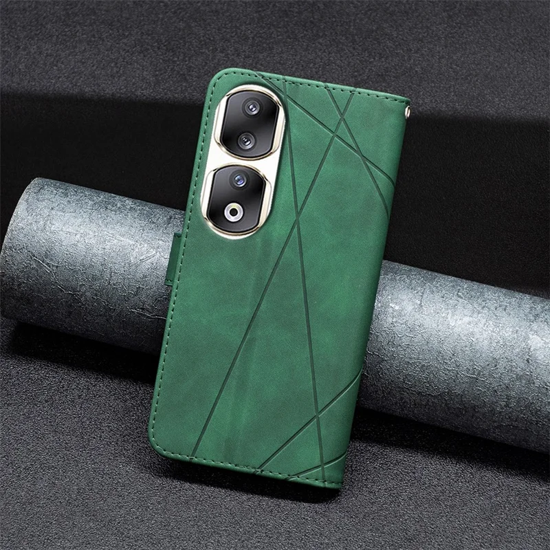 BINFEN COLOR For Honor 90 Pro Phone Cases Wallet Stand Geometry Imprint Leather Cover - Green