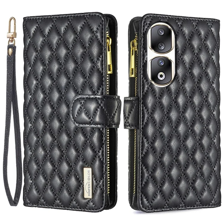 BINFEN COLOR BF Style-15 Para Honor 90 Pro Funda de Teléfono de Billetera de Cuero con Bolsillo con Cremallera Resistente a Golpes y Soporte - Negro