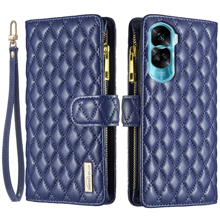 BINFEN COLOR BF Style-15 For Honor 90 Lite 5G / X50i 5G Flip Shell Zipper Pocket Leather Phone Case Wallet Stand Cover - Blue