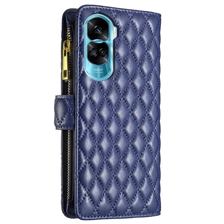 BINFEN COLOR BF Style-15 For Honor 90 Lite 5G / X50i 5G Flip Shell Zipper Pocket Leather Phone Case Wallet Stand Cover - Blue