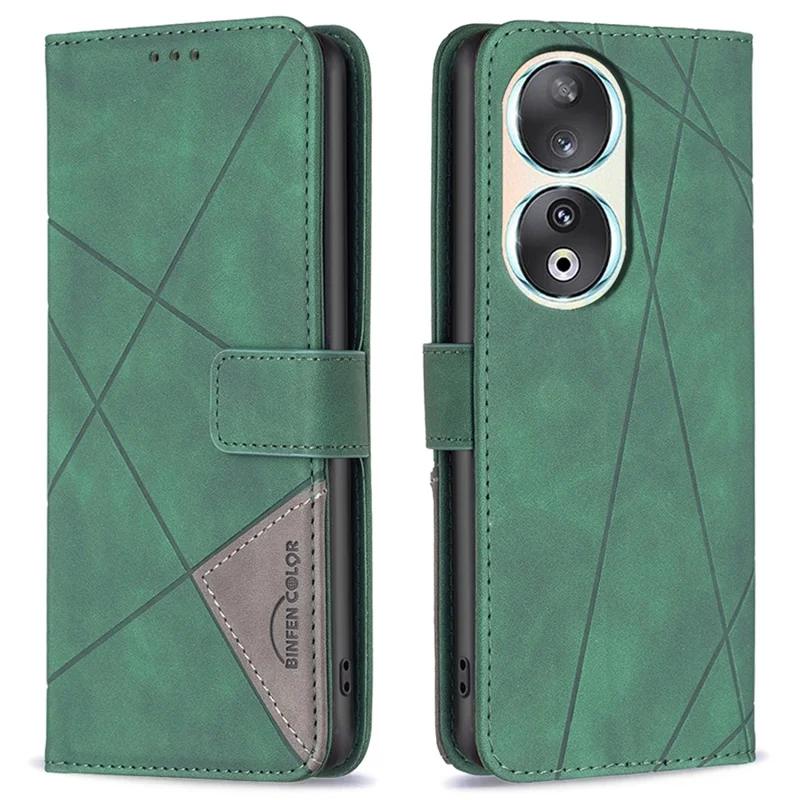 BINFEN COLOR For Honor 90 Phone Cases Wallet Stand Geometry Imprint Leather Cover - Green