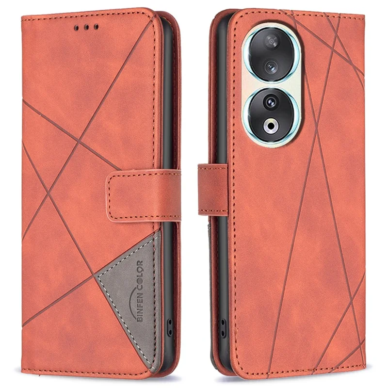 BINFEN COLOR For Honor 90 Phone Cases Wallet Stand Geometry Imprint Leather Cover - Brown