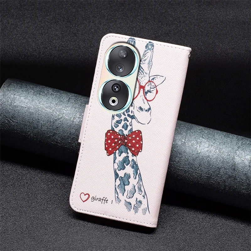 For Honor 90 PU Leather Pattern Printing Phone Case Stand Wallet Protective Cover - Giraffe