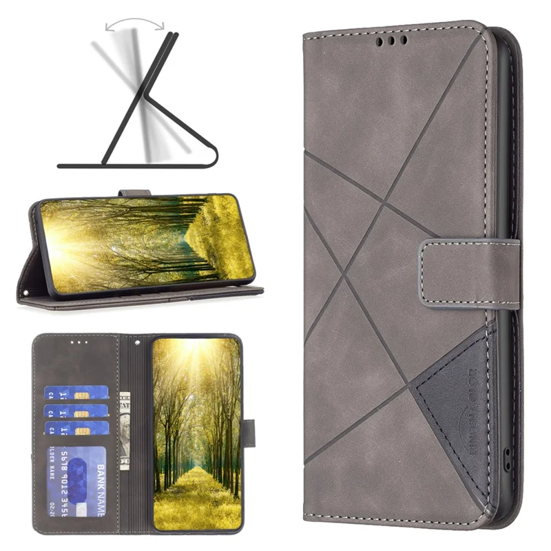 BINFEN COLOR For Oppo A38 4G Phone Cases Wallet Stand Geometry Imprint Leather Cover - Grey