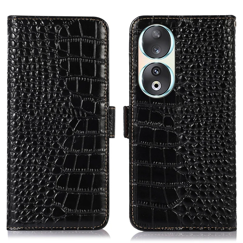 RFID Blocking Case for Honor 90 Genuine Cow Leather Phone Wallet Cover with Stand - Black