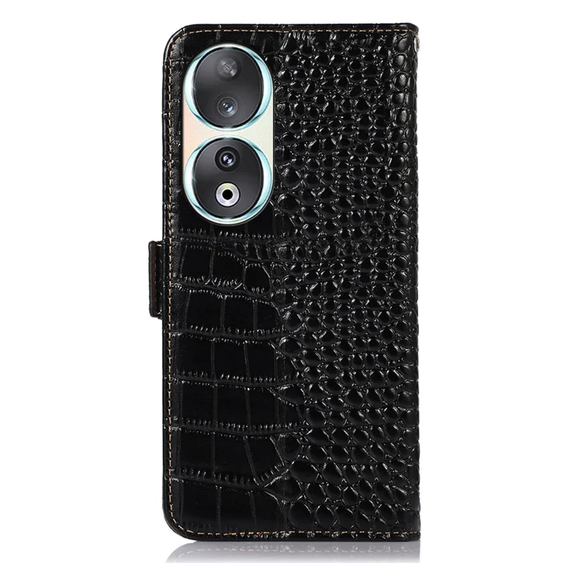 RFID Blocking Case for Honor 90 Genuine Cow Leather Phone Wallet Cover with Stand - Black