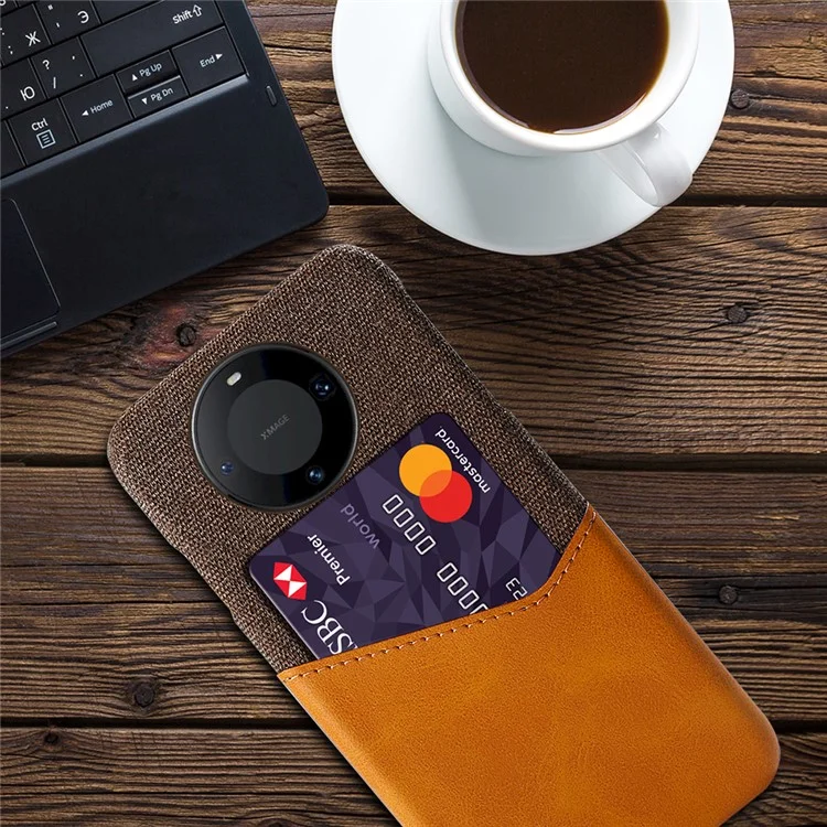 For Huawei Mate 60 Card Holder Phone Case Cloth Texture PU Leather+PC Back Cover - Orange
