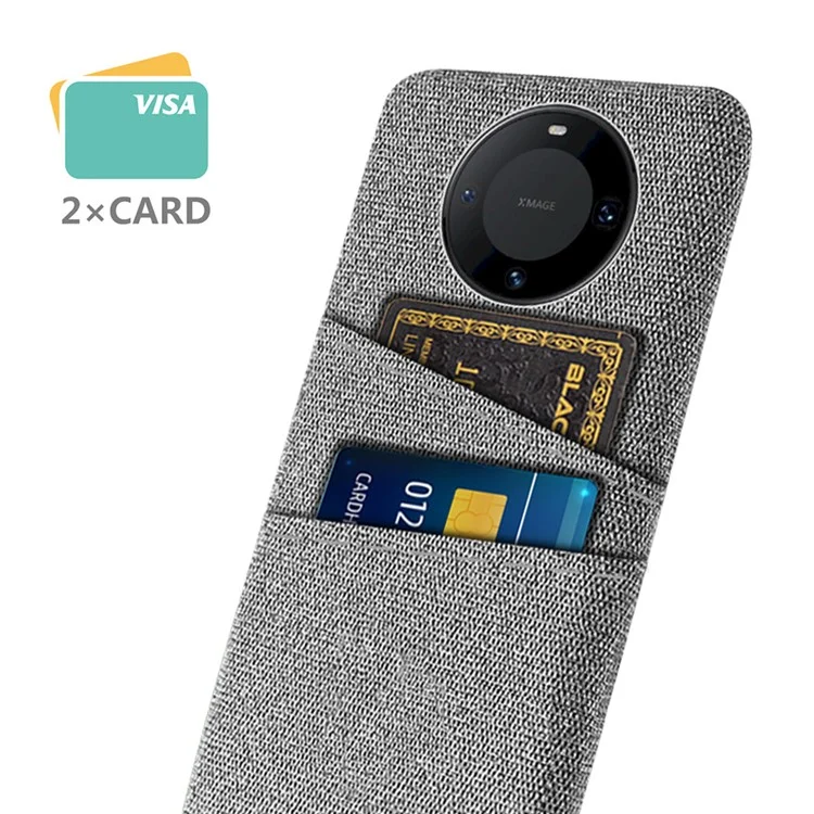 Pour Huawei Mate 60 Pro, étui de téléphone en PC dur revêtu de tissu, couvercle antichoc avec porte-carte double - Gris clair