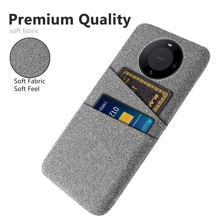 Pour Huawei Mate 60 Pro, étui de téléphone en PC dur revêtu de tissu, couvercle antichoc avec porte-carte double - Gris clair