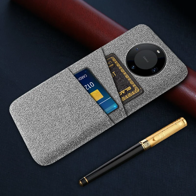 Pour Huawei Mate 60 Pro, étui de téléphone en PC dur revêtu de tissu, couvercle antichoc avec porte-carte double - Gris clair