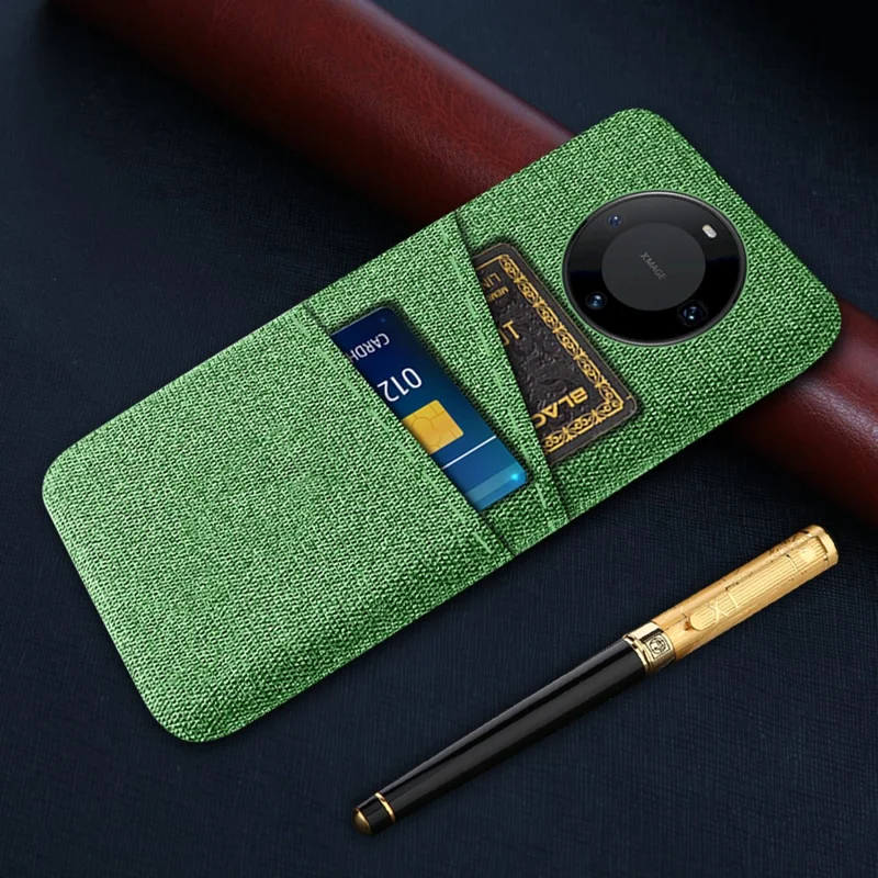 For Huawei Mate 60 Pro Hard PC Coated Cloth Phone Case Shockproof Cover with Dual Card Holder - Green