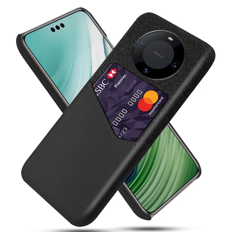 For Huawei Mate 60 Pro+ Card Holder Back Cover Cloth+PC+PU Leather Phone Case - Black