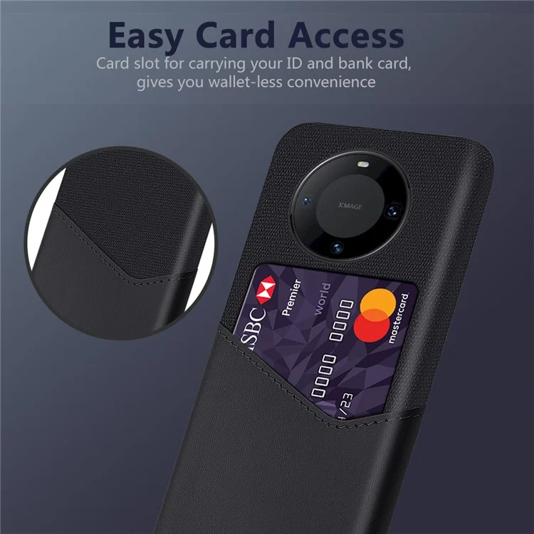 For Huawei Mate 60 Pro+ Card Holder Back Cover Cloth+PC+PU Leather Phone Case - Black